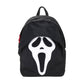 Black backpack with a white ghost face design on a white background