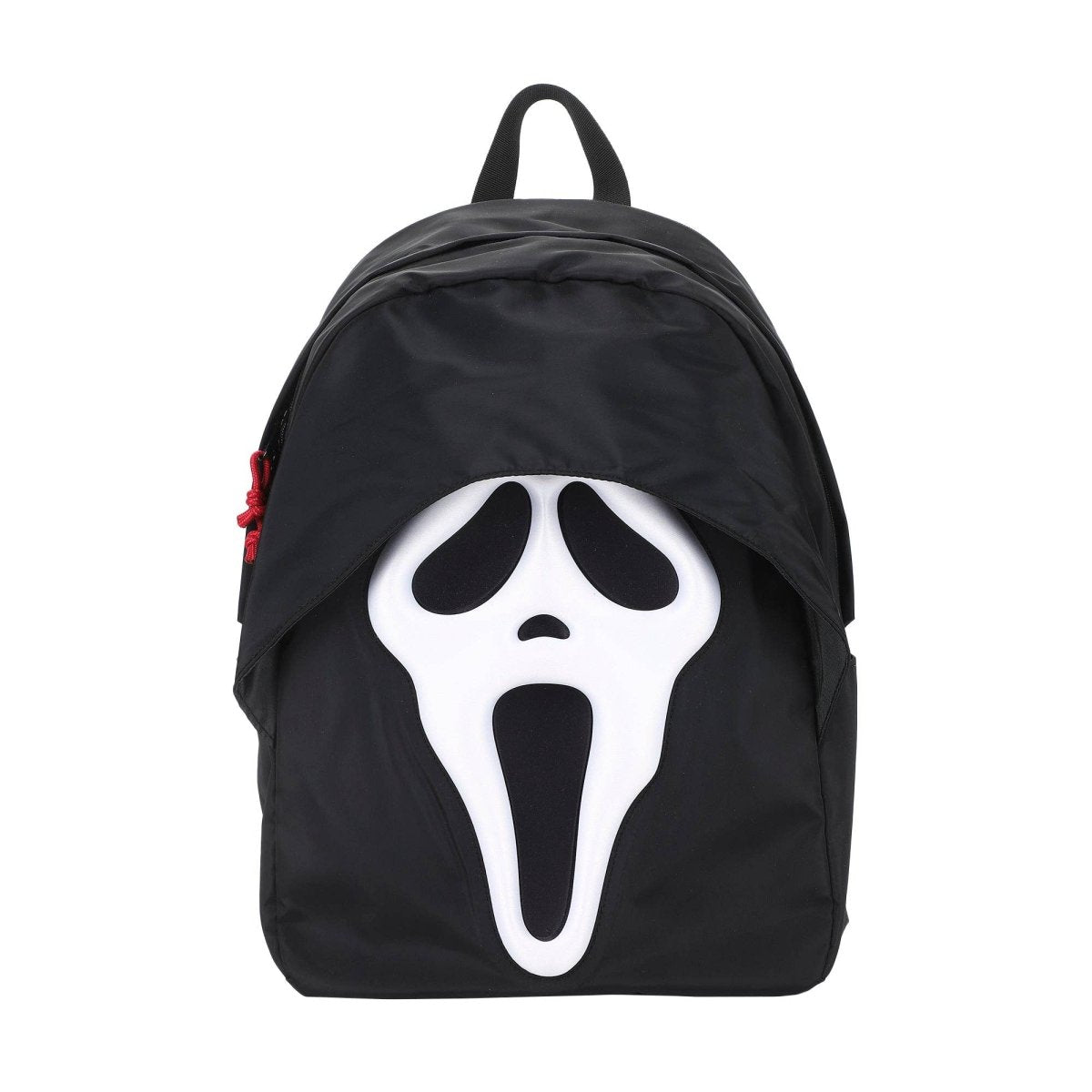 Black backpack with a white ghost face design on a white background