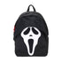 Black backpack with a white ghost face design on a white background