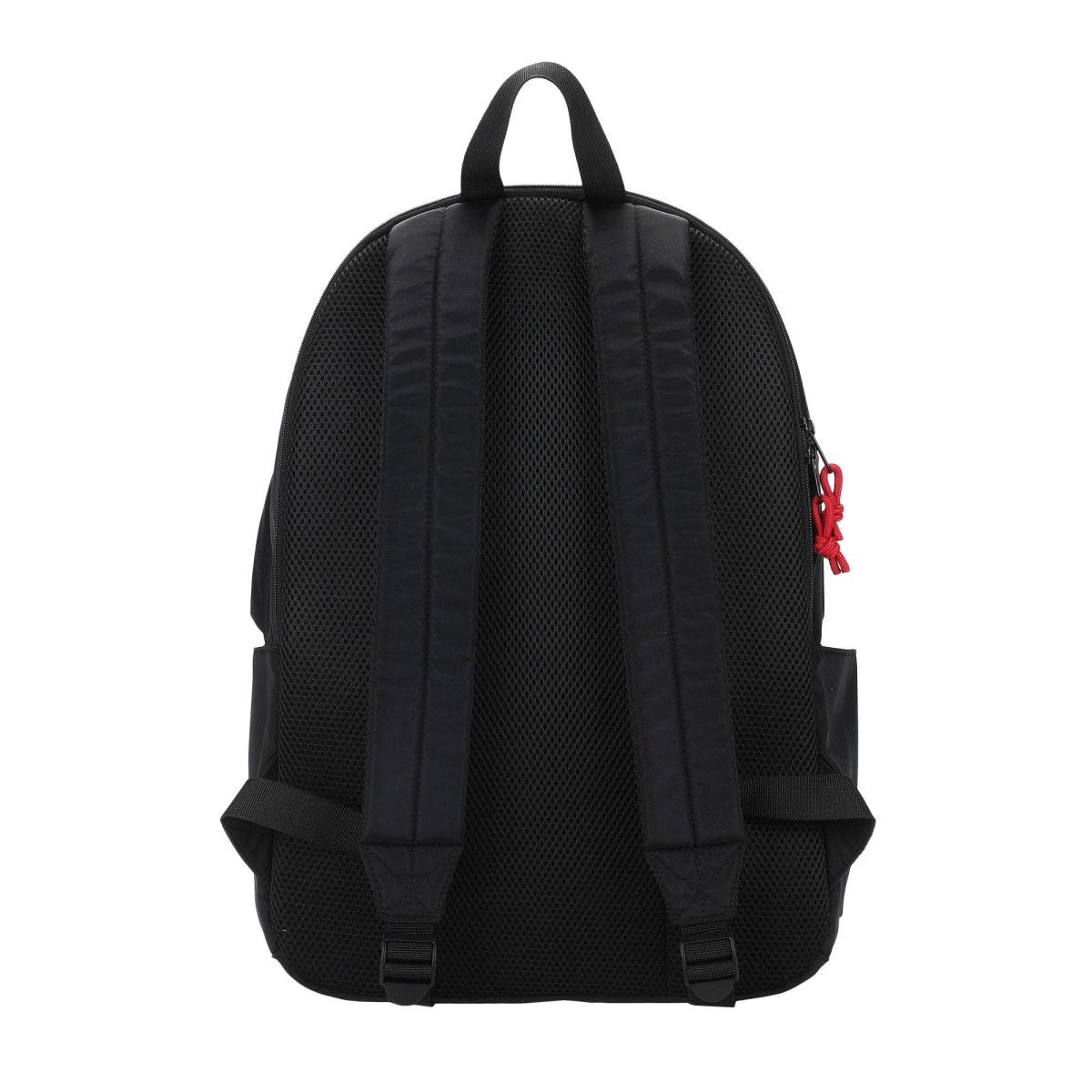 Black backpack with a red zipper pull on a white background