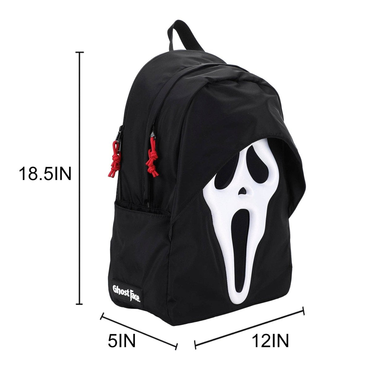 Black backpack with a white ghost face design and measurements on a white background