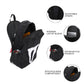 Black backpack with features highlighted on a white background
