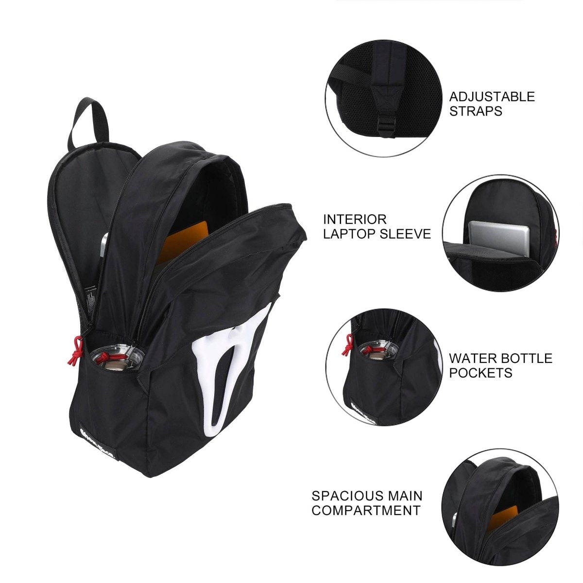 Black backpack with features highlighted on a white background