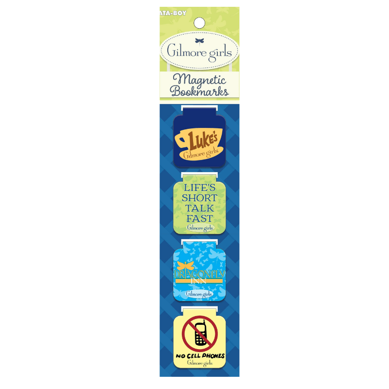 Gilmore Girls magnetic bookmarks set in retail packaging, featuring three colorful bookmarks: 'Luke's Galaxy Girls', 'Life's Short Talk Fast', and 'No Cell Phones'.