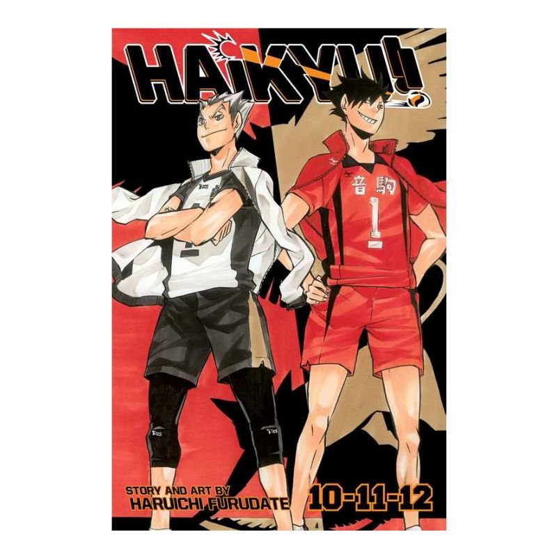 Haikyu! Volume 10-11-12 manga book cover featuring two illustrated male characters standing side by side against a red, black, and beige graphic background. The title 'HAIKYU!' appears prominently at the top, with creator credit 'Harichi Higurashi' and volume numbers at the bottom.