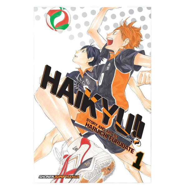 Manga book cover of 'HAIKYU!!' with two characters in sports uniforms and a volleyball.