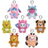 Seven small plush character keychains arranged on a plain white background, each wearing a different costume and attached to a metal key ring.
