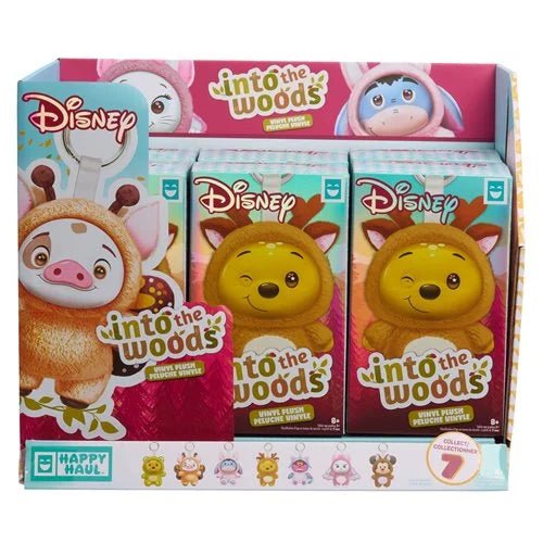 Disney Into the Woods White Rug Pull Mystery Box display box containing three individual toy packages of White Rug Pulls, featuring cartoon characters like Piglet, Tigger, and Dumbo.