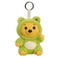 Plush keychain of a character in a green bear costume on a white background