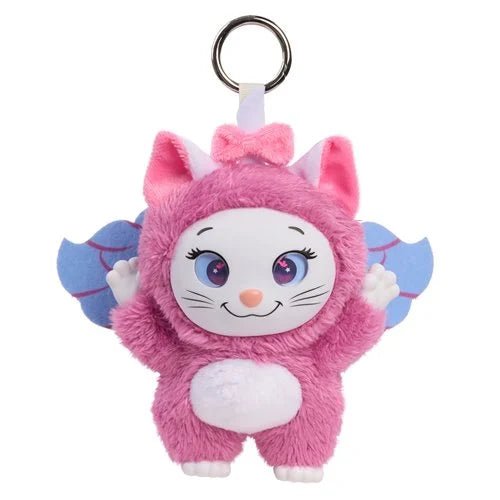 A pink plush cat keychain charm with blue wings, a white face, and a metal key ring at the top, shown on a plain white background.