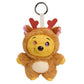 A plush toy keychain shaped like a cartoon deer character, featuring a yellow face, brown fuzzy body, red heart-shaped antlers, pink inner ears, and a silver metal key ring at the top, shown on a plain white background.