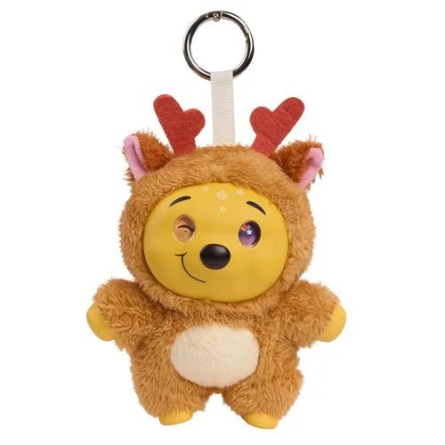 A plush toy keychain shaped like a cartoon deer character, featuring a yellow face, brown fuzzy body, red heart-shaped antlers, pink inner ears, and a silver metal key ring at the top, shown on a plain white background.