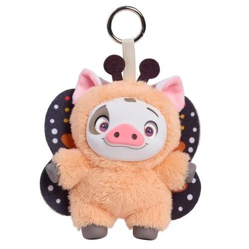 A plush pig character keychain or bag charm with pink ears, a white face, a pink snout, and dark patterned wings on a plain white background.