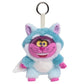 A plush keychain shaped like a smiling cat character in a light blue furry costume, with pink inner ears, a pink face and chest, yellow eyes, and a silver metal key ring at the top, shown on a plain white background.