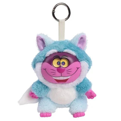 A plush keychain shaped like a smiling cat character in a light blue furry costume, with pink inner ears, a pink face and chest, yellow eyes, and a silver metal key ring at the top, shown on a plain white background.