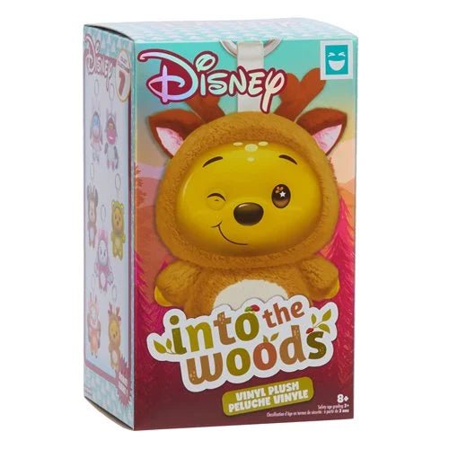 Disney Into the Woods vinyl plush toy box featuring a yellow deer character with brown antlers and a smiling face on the front packaging.