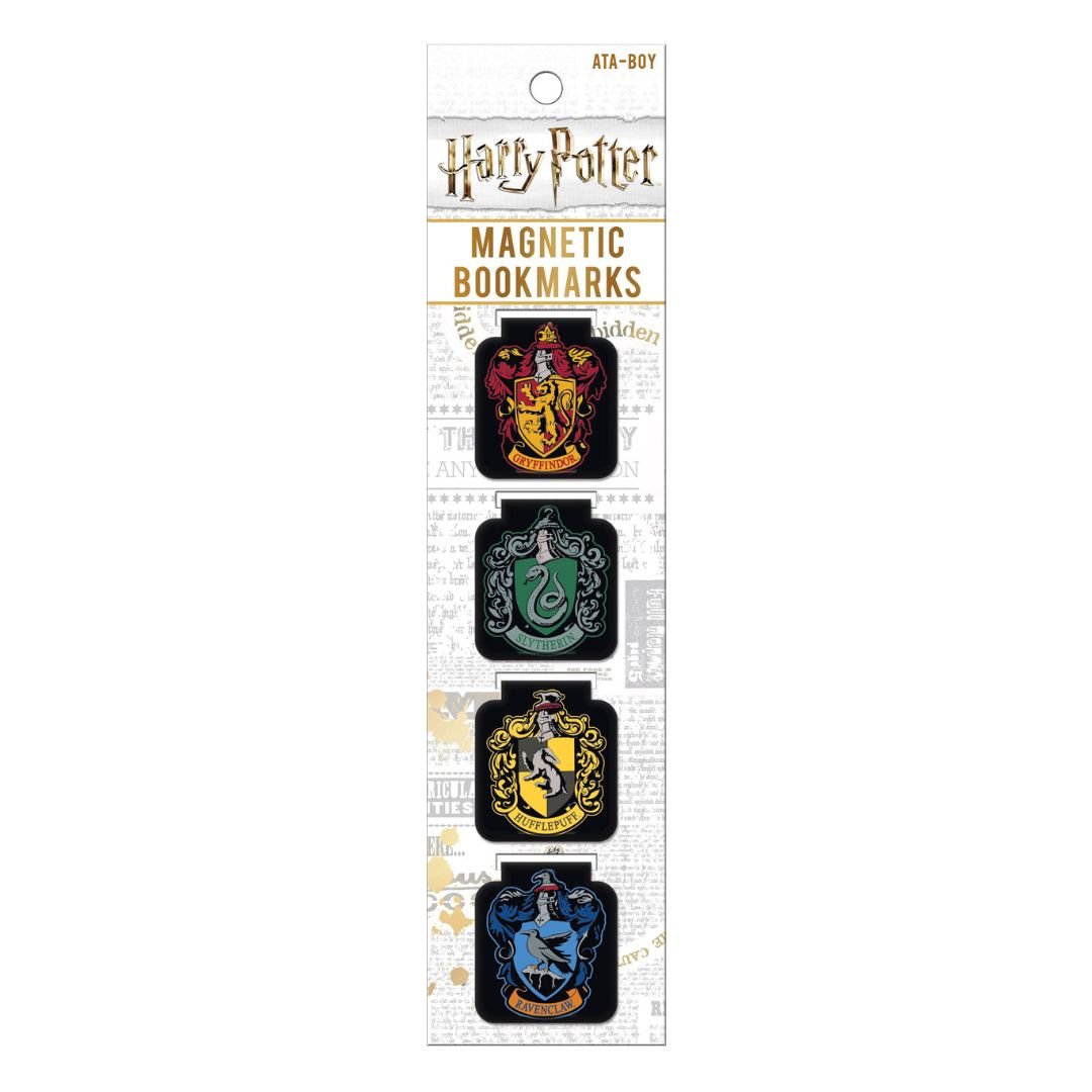 Pack of Harry Potter magnetic bookmarks with four different house logos on a white background.