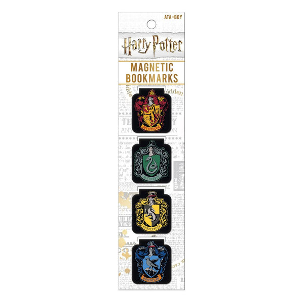 Pack of Harry Potter magnetic bookmarks with four different house logos on a white background.