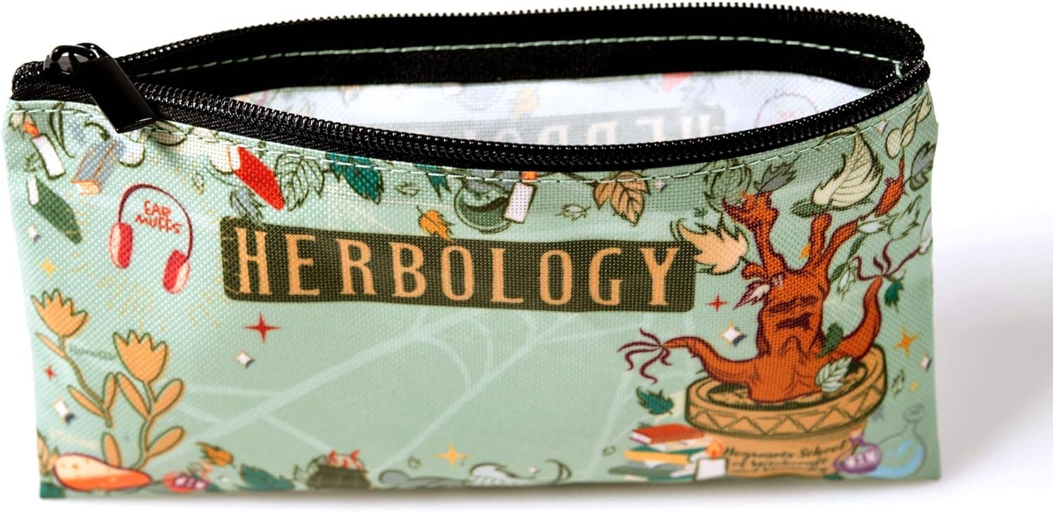 Pencil case with 'Herbology' design on a light green background