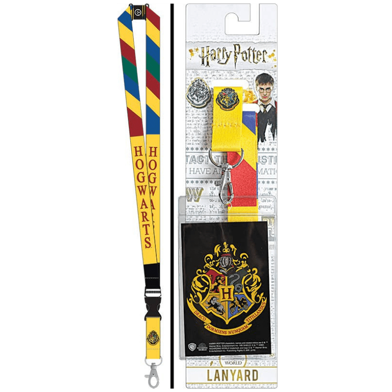 Harry Potter Hogwarts themed lanyard set shown both unpackaged and packaged. The yellow and red striped lanyard features 'HOGGARTS' printed vertically, alongside a small yellow pouch with a red accent, a black card holder with the Hogwarts crest, and a branded backing card.