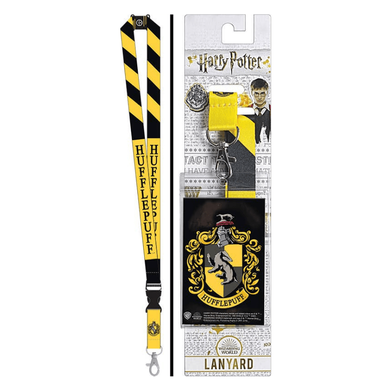 Harry Potter Hufflepuff lanyard shown both loose and on its retail card. The lanyard is black and yellow with the word 'HUFFLEPUFF' printed vertically, and the card includes Harry Potter branding and a Hufflepuff crest.