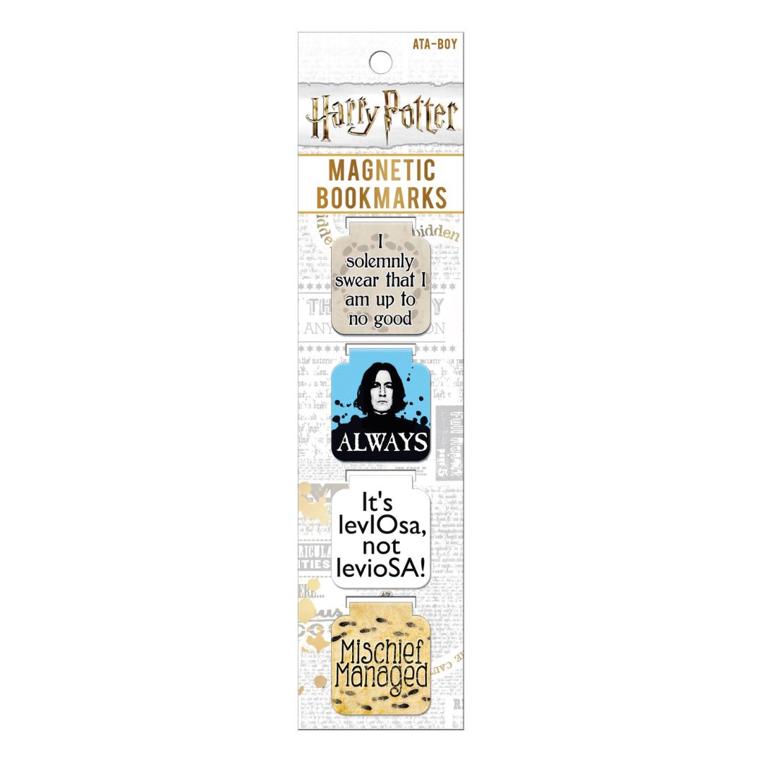 Pack of Harry Potter-themed magnetic bookmarks with various sayings on a white background.