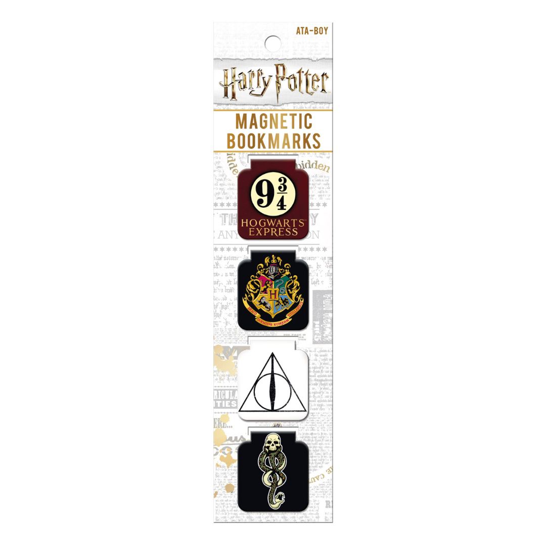 Pack of Harry Potter magnetic bookmarks with logos on a white background