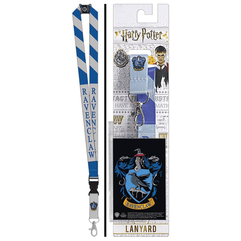 Harry Potter Ravenclaw lanyard set shown both unpackaged and packaged on a white background. The lanyard features blue and white diagonal stripes with 'RAVENCLAW' printed vertically in blue, a blue Ravenclaw crest charm, and a black Ravenclaw crest patch.