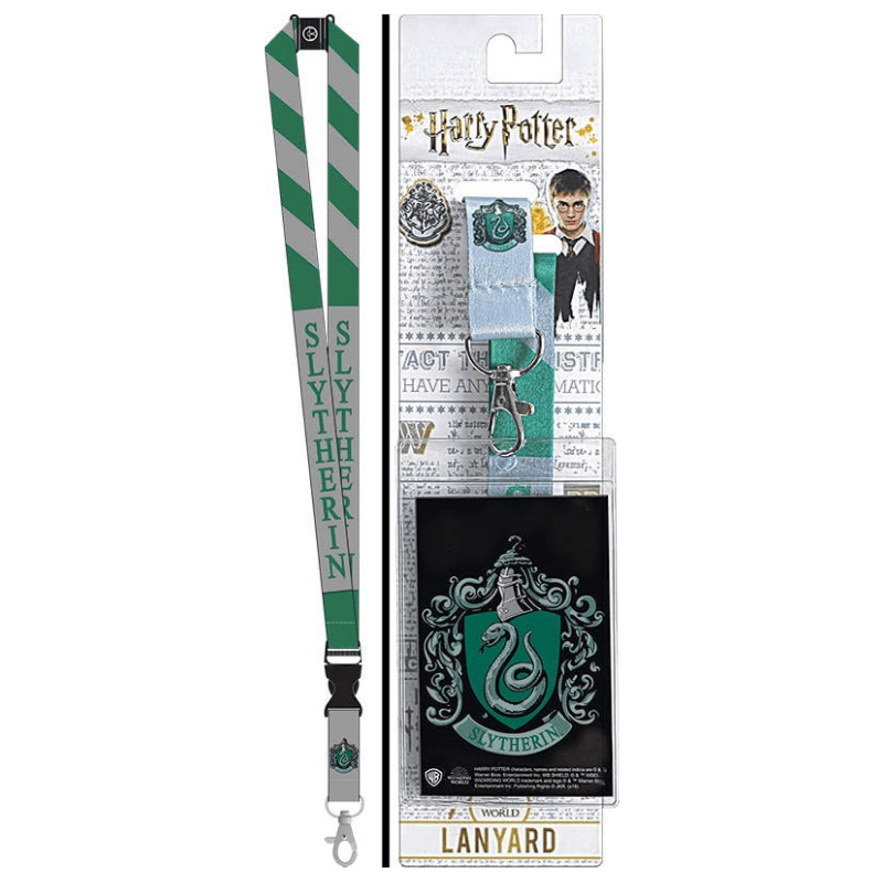 Harry Potter Slytherin themed lanyard set shown both unpackaged and in its retail packaging. The green and white striped lanyard features the Slytherin crest and name, accompanied by a silver keychain and a black Slytherin crest card holder.
