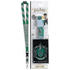 Harry Potter Slytherin themed lanyard set shown both unpackaged and in its retail packaging. The green and white striped lanyard features the Slytherin crest and name, accompanied by a silver keychain and a black Slytherin crest card holder.
