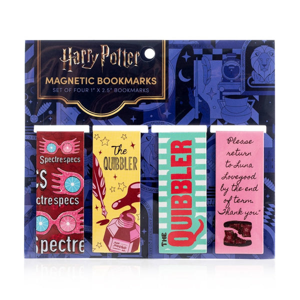 Set of four Harry Potter-themed magnetic bookmarks in packaging