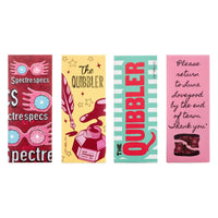 Four colorful book covers with text and graphics on a white background