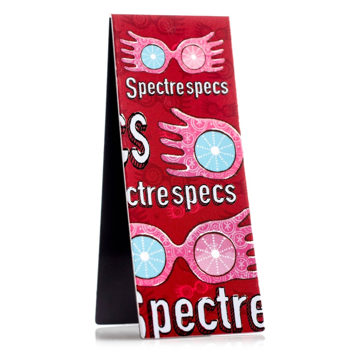 Red packaging for 'Spectrespecs' with pink and blue sunglasses illustrations on a white background
