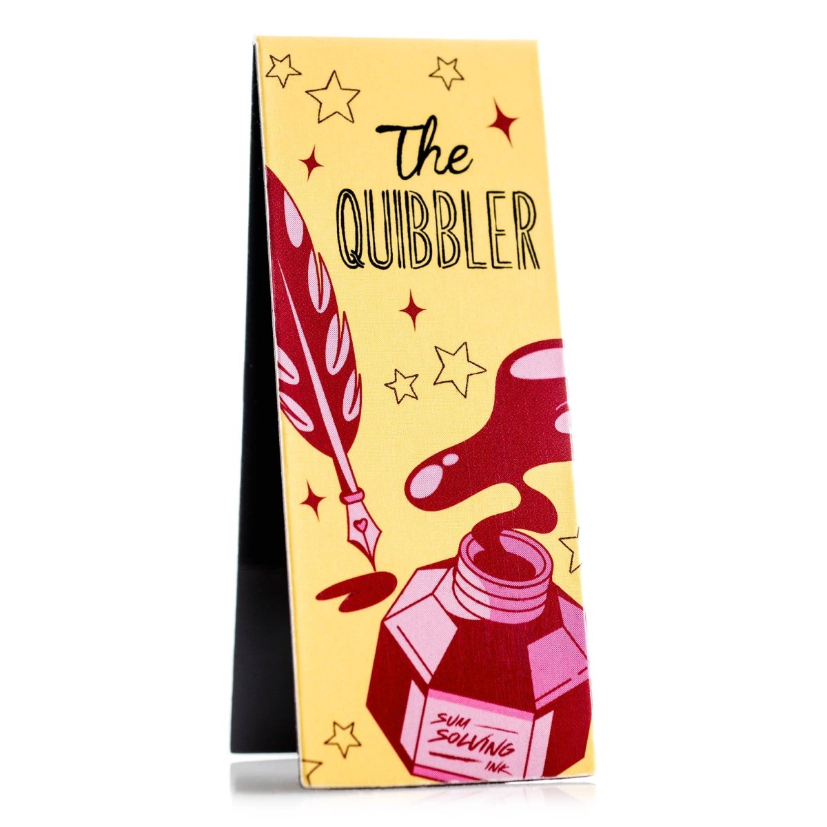 Product packaging for 'The Quibbler' with a yellow background, red ink bottle, and star illustrations.