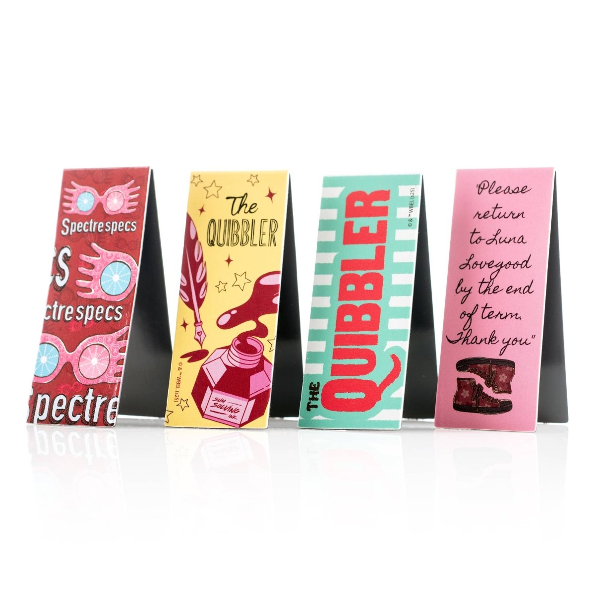 Four colorful bookmarks with 'The Quibbler' and other text on a white background