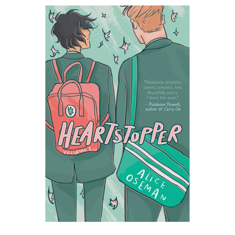 Book cover for 'Heartstopper Volume 1' by Alice Oseman, featuring an illustration of two characters seen from behind wearing green blazers, one with a pink backpack and the other with a teal shoulder bag, set against a light teal background with small pink starfish.
