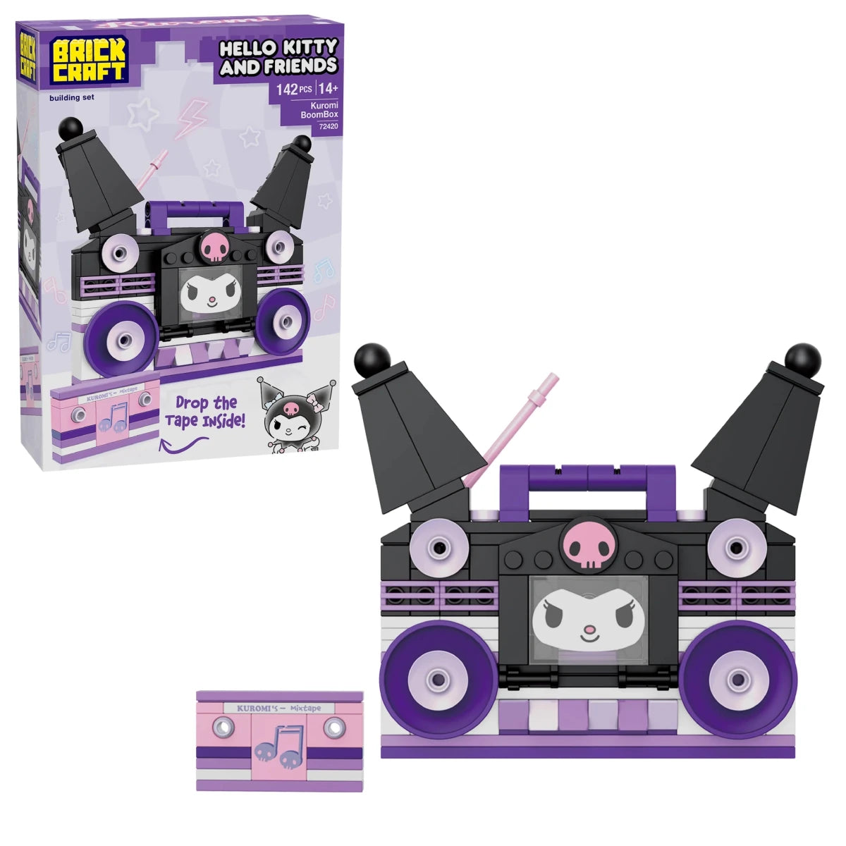 Toy boombox with Hello Kitty design next to its packaging on a white background