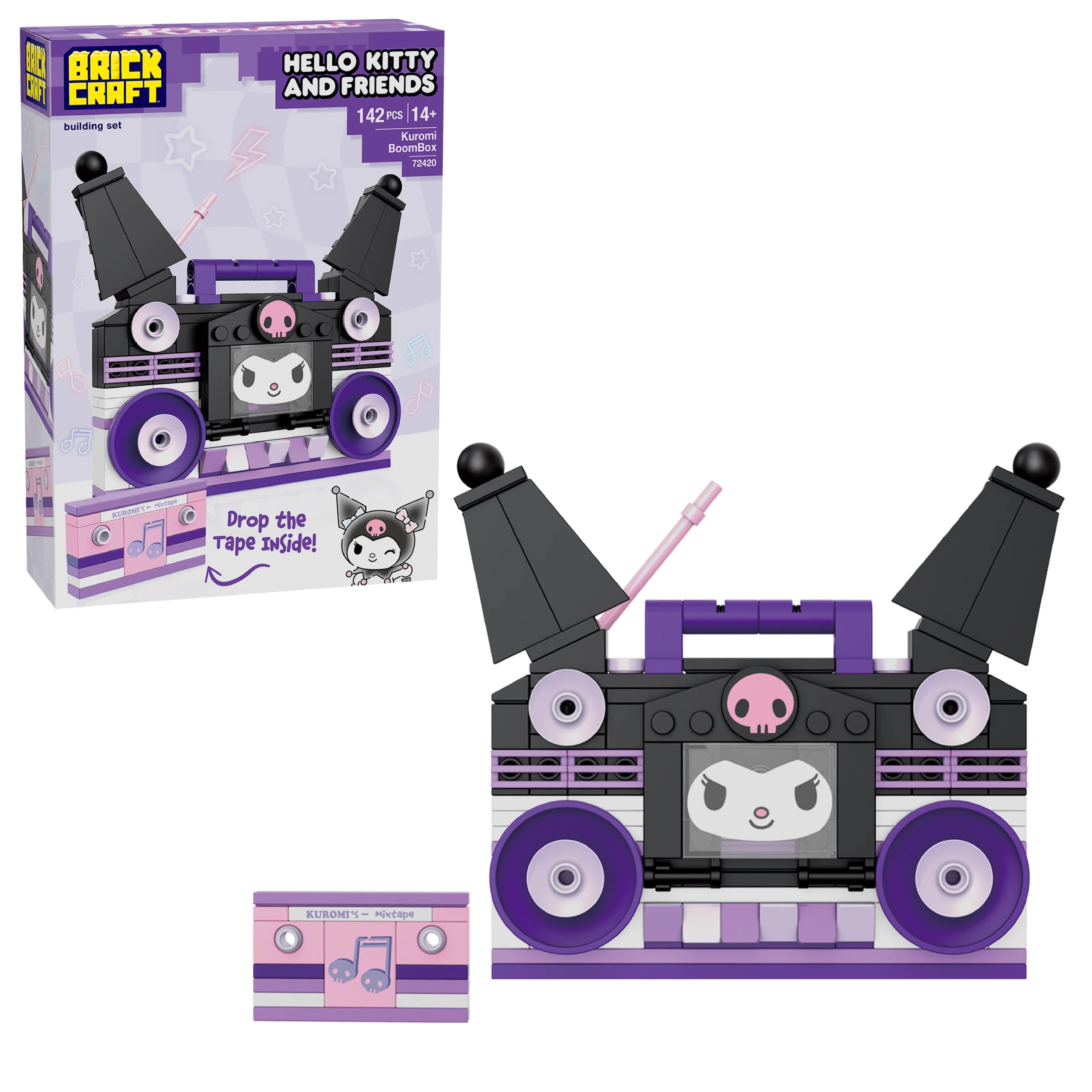 Toy boombox with Hello Kitty design next to its packaging on a white background