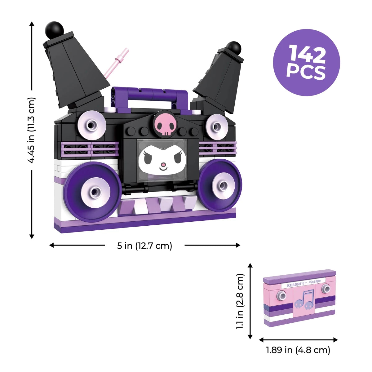 Toy boombox with dimensions and piece count on a white background