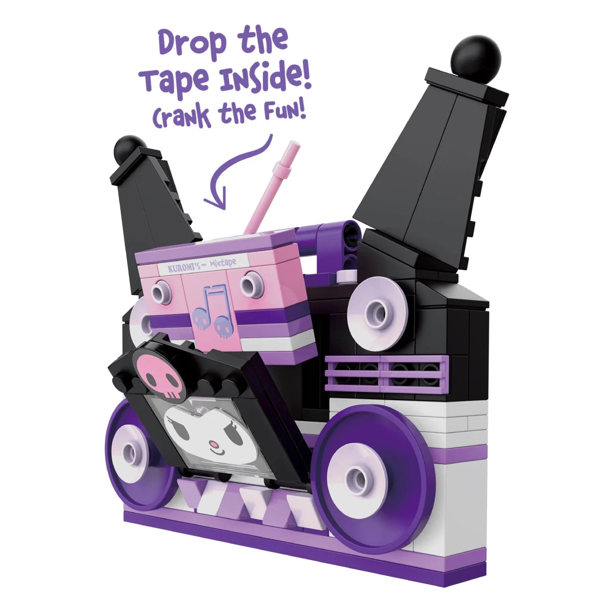 Toy tape recorder with cassette and pink straw, featuring text 'Drop the Tape Inside! Crank the Fun!' on a white background.
