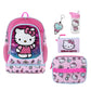 Hello Kitty themed backpack, pencil case, water bottle, and keychain on a white background