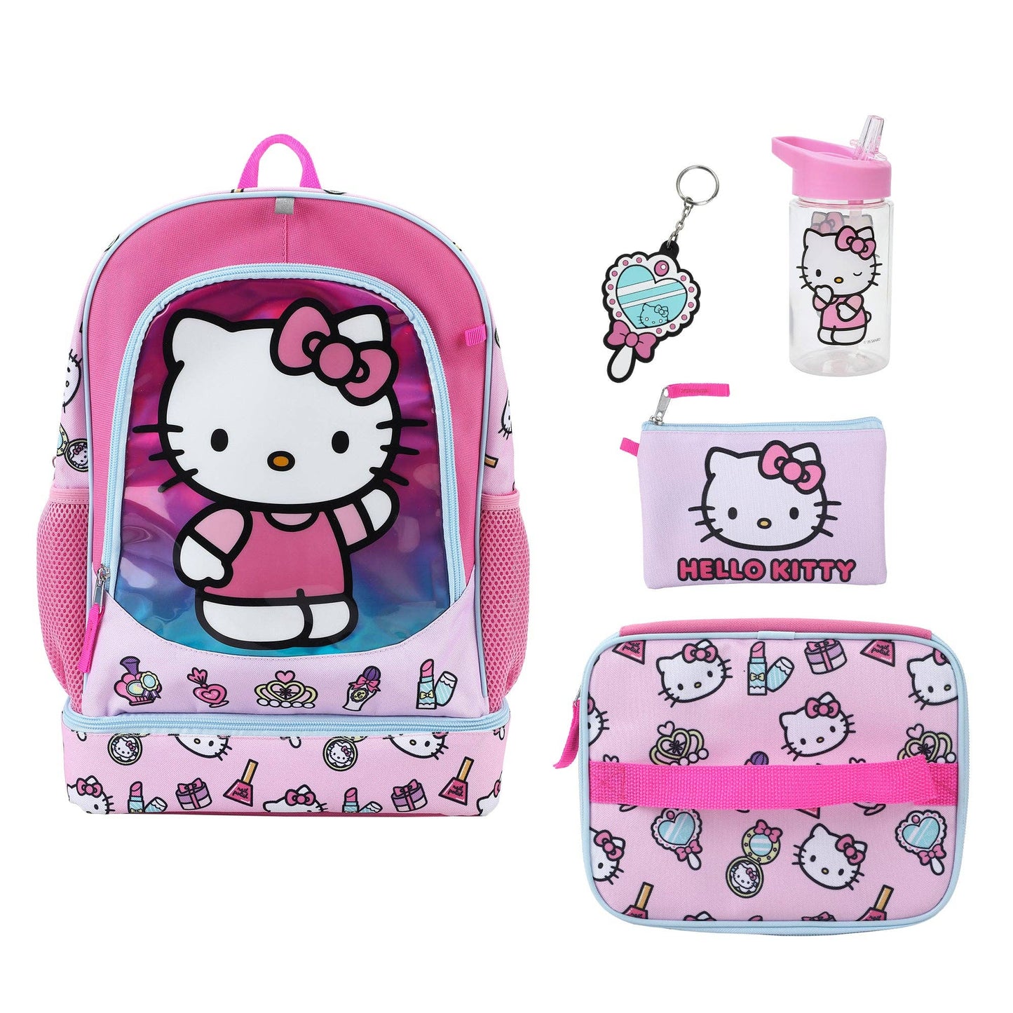 Hello Kitty themed backpack, pencil case, water bottle, and keychain on a white background