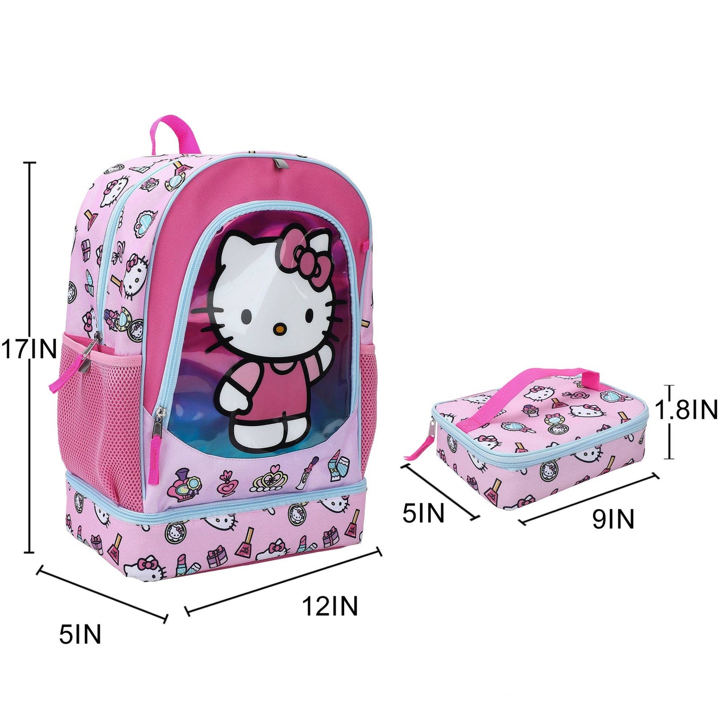 Pink Hello Kitty backpack and lunch box with measurements on a white background
