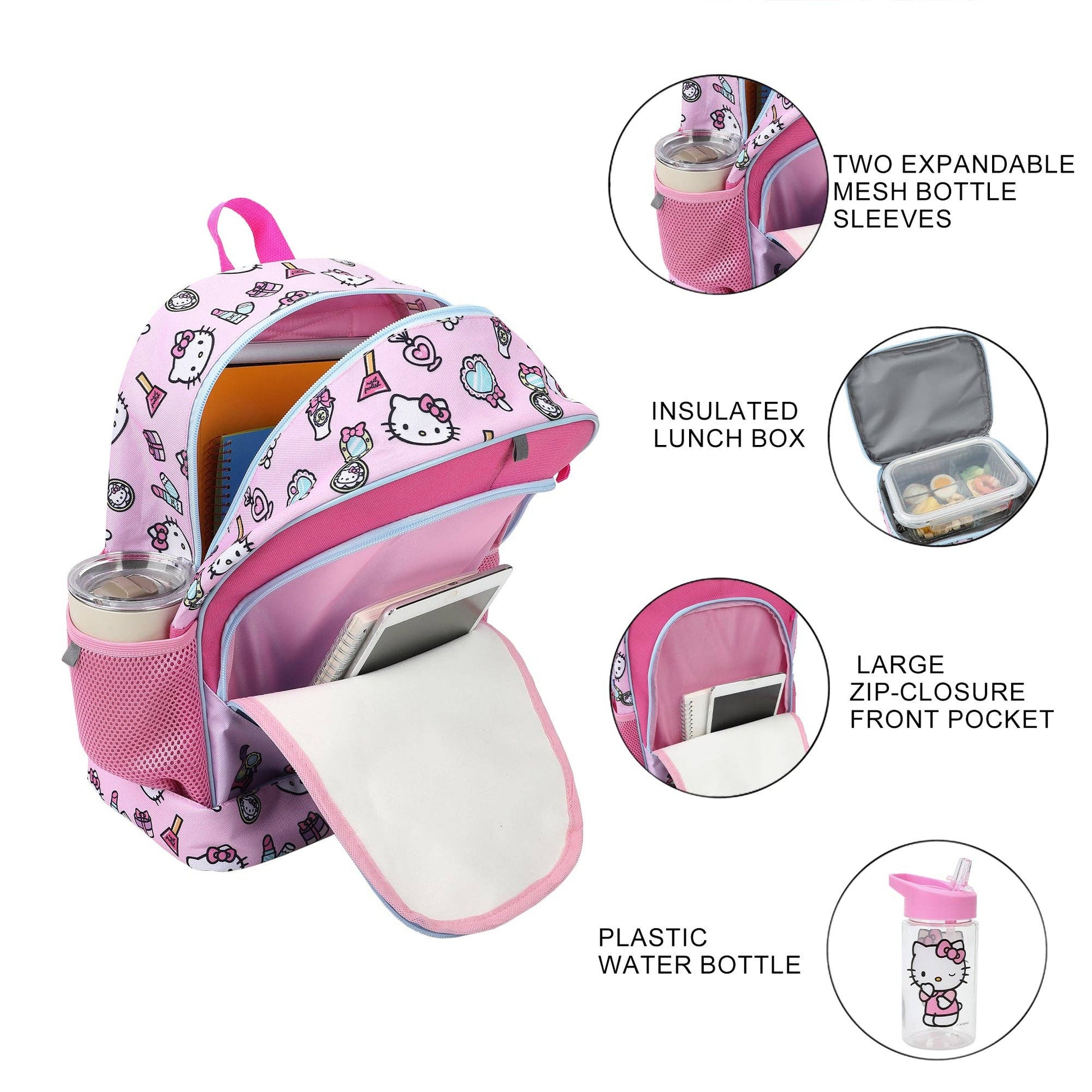 Pink backpack with cartoon character design, expandable mesh bottle sleeves, insulated lunch box, and large zip-closure front pocket.