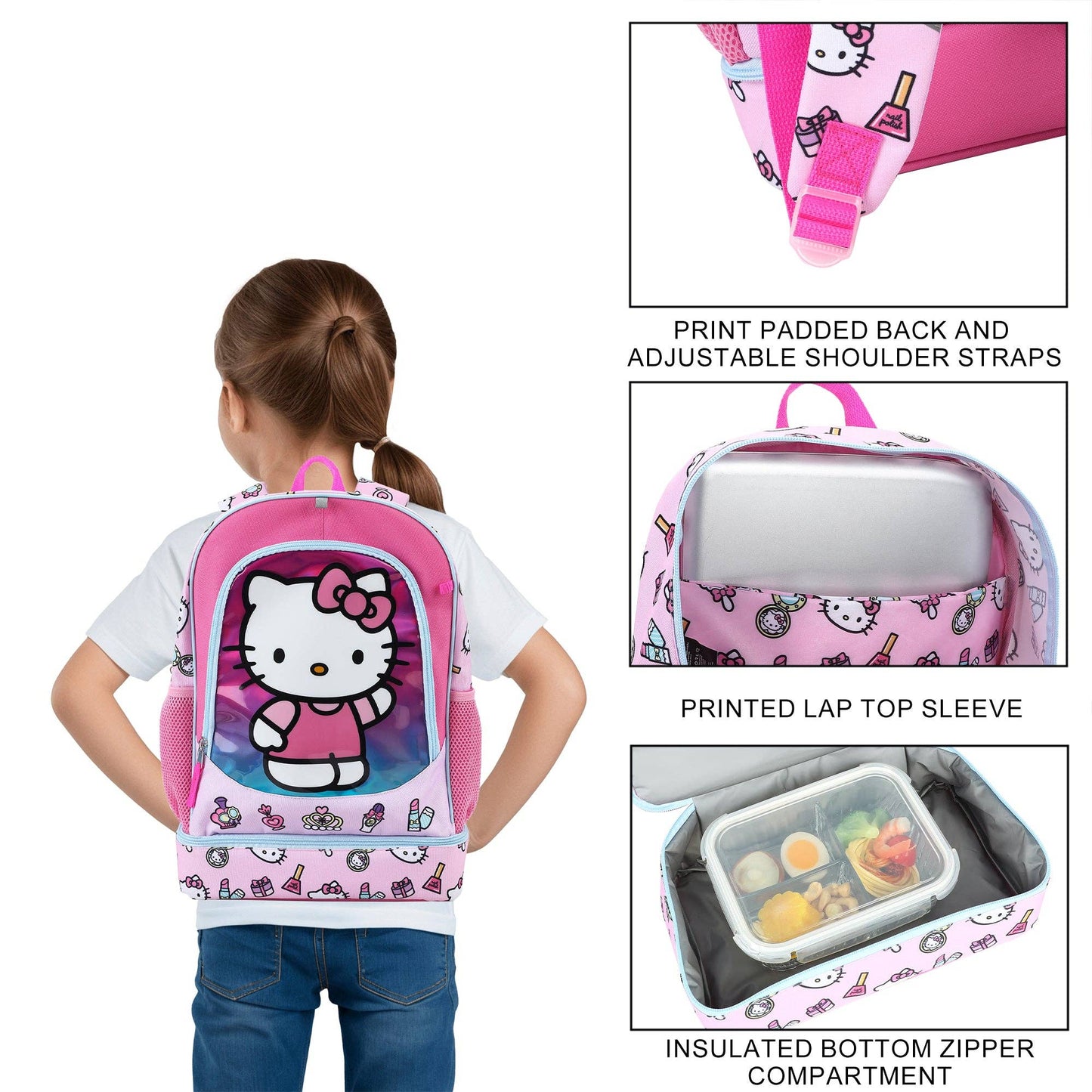 Hello Kitty backpack with additional features highlighted on a white background