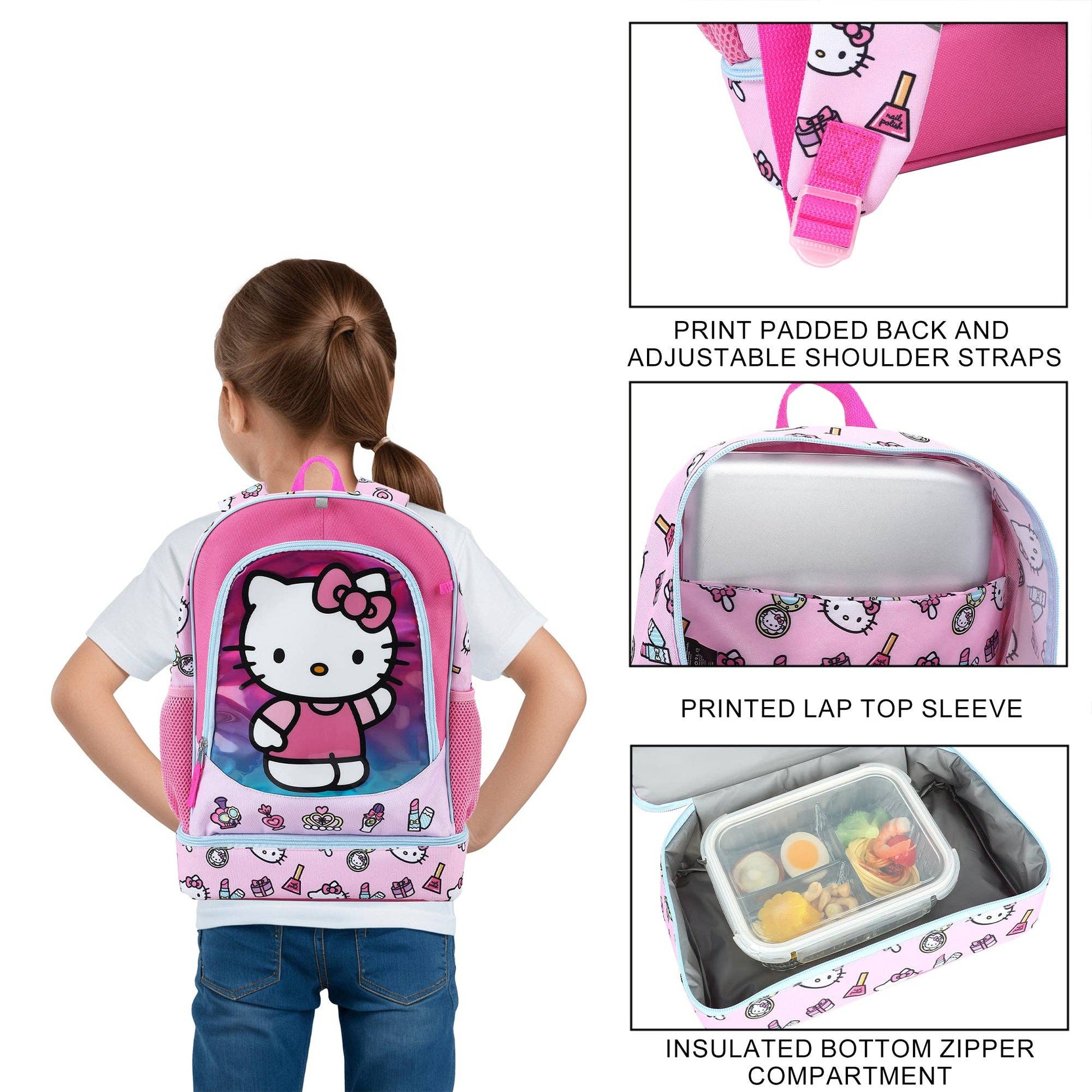 Hello Kitty backpack with additional features highlighted on a white background
