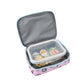 Pink lunch box with food compartments on a white background