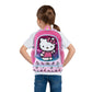 Girl wearing a Hello Kitty backpack on a white background