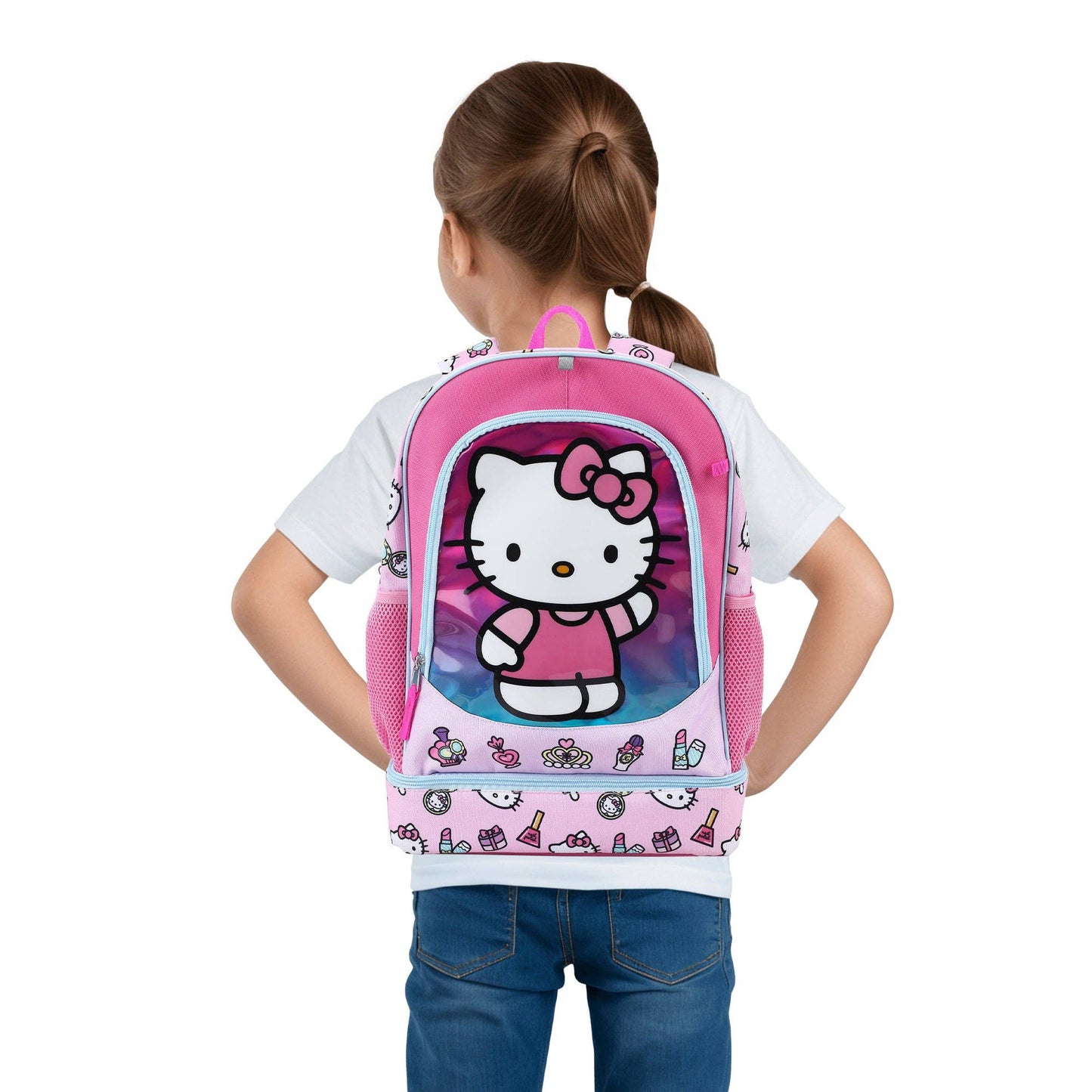 Girl wearing a Hello Kitty backpack on a white background