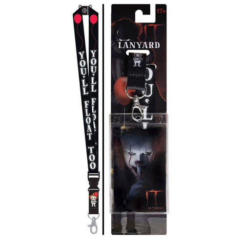 Lanyard with 'You'll Float Too' text and packaging featuring a character from a horror movie.
